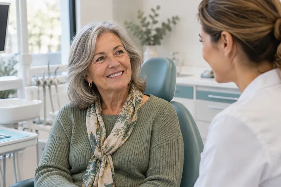 Mujer adulta conversando con una profesional durante una consulta dental ilustrativa