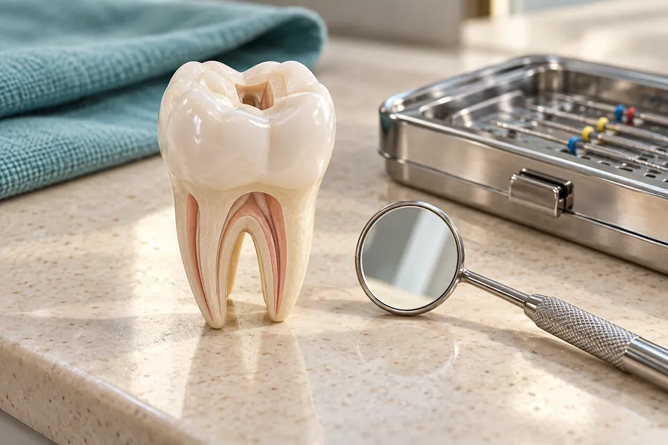 Modelo de un molar junto a un espejo dental y una bandeja de instrumental de endodoncia