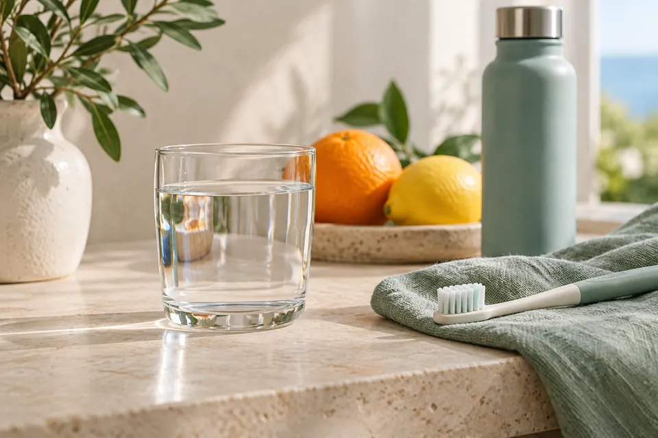 Vaso de agua, cítricos y cepillo suave para ilustrar los hábitos de protección del esmalte