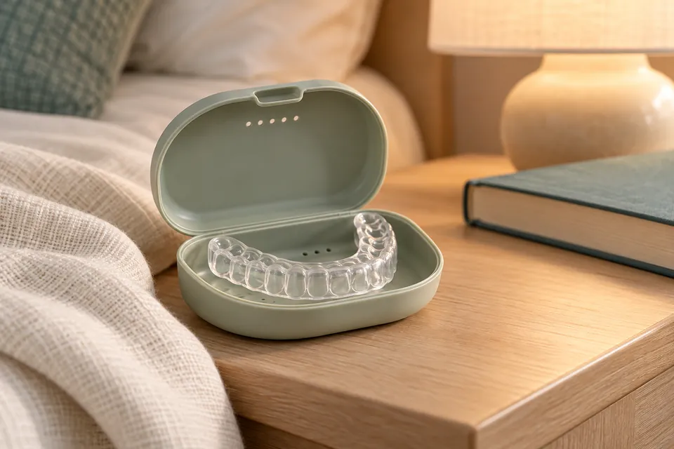 Férula dental transparente en un estuche verde junto a una mesilla de noche
