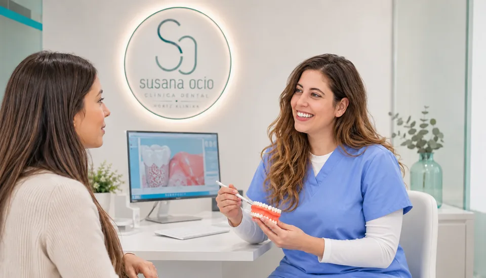Higienista de Clínica Dental Susana Ocio explicando el cuidado de las encías a una paciente