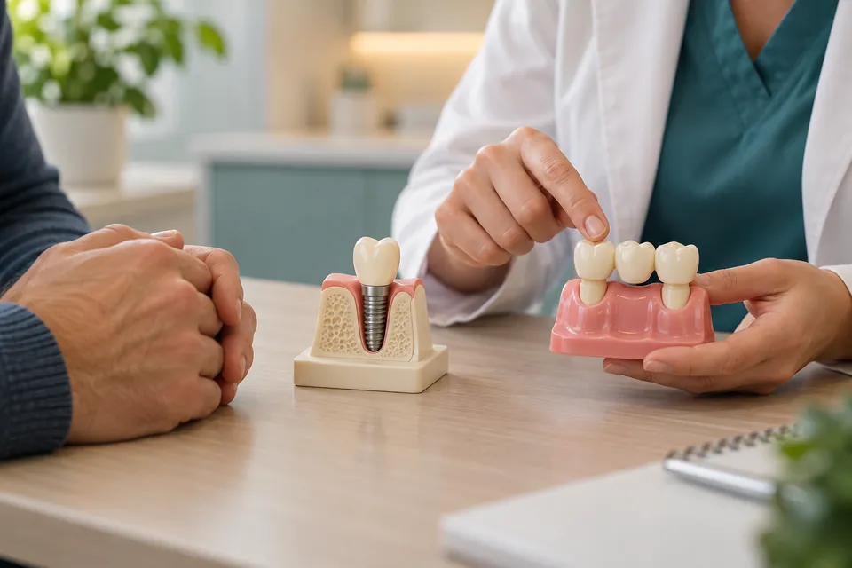 Comparación ilustrativa de modelos dentales de un implante y un puente de tres unidades