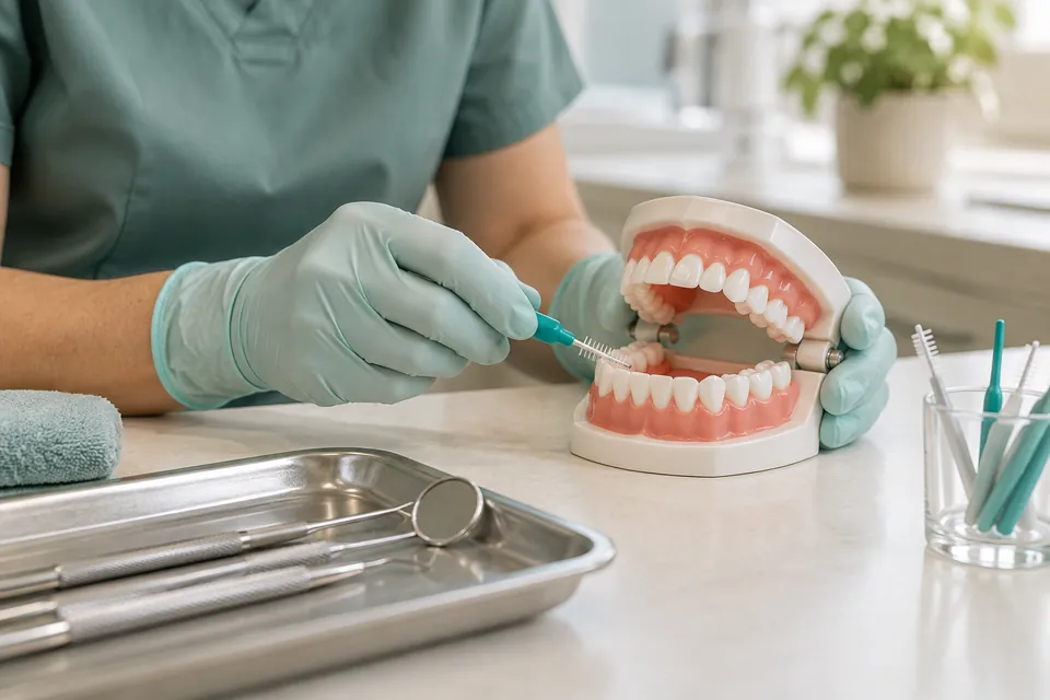 Demostración de higiene interdental sobre un modelo de dientes junto a instrumental dental
