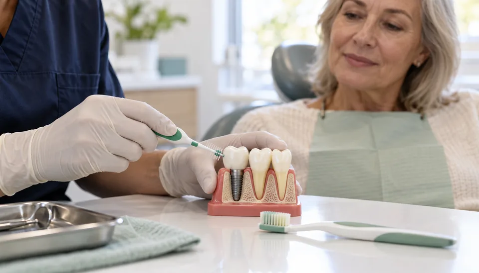 Demostración de higiene interdental en un modelo de implante ante una paciente adulta