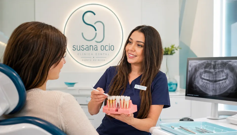 Dra. Susana Ocio explicando la movilidad dental a una paciente en Vitoria
