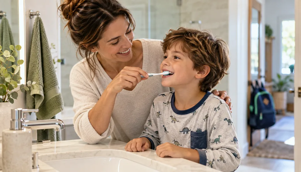 Madre ayudando a un niño a cepillarse los dientes antes de ir al colegio